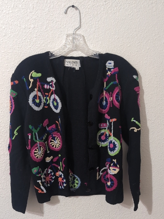 Sweaters - Vintage Bicycle Cardigan Embroidered 90s Novelty Sweater Black Colorful Size S